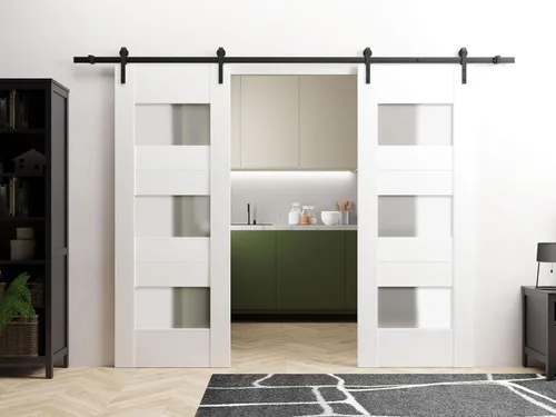 Miniatura 2 de VDOMDOORS Moderna puerta doble de granero de 36 x 80 pulgadas con vidrio opaco/seda blanca Sete 6003 / juego de rieles de 13 pies/puertas interiores