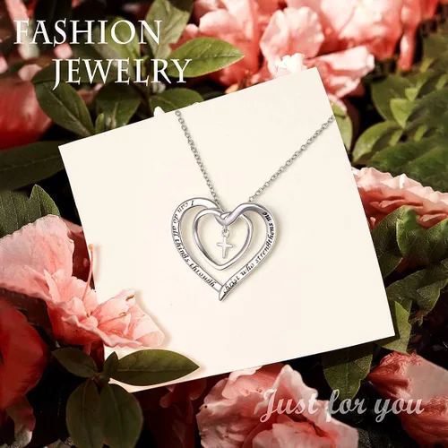 Miniatura 5 de DAOCHONG Collar de plata de ley S925 con cruz cristiana y corazón inspirador con versículo bíblico y rinags para mujeres, adolescentes y niñas