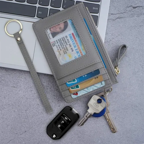 Miniatura 7 de Aiyo Nice Funda delgada para tarjetas RFID para mujer, cartera con cremallera, cartera de piel pequeña, monedero con llavero