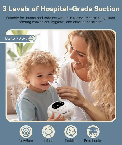 Miniatura 3 de Aspirador nasal eléctrico para bebés y niños pequeños Chupón de nariz para bebés con 3 niveles de succión Aspirador nasal fácil de limpiar