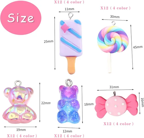 Miniatura 2 de ZOCONE Dije de caramelo colorido, bonitos dijes de resina para hacer joyas, llaveros, collares, pulseras, aretes, suministros de resina
