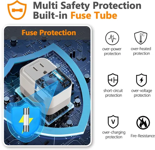 Miniatura 11 de Convertidor de voltaje de Estados Unidos a Europa con 2 puertos USB A y 2 puertos USB C de carga rápida, convertidor de corriente de 220 V a 110 V