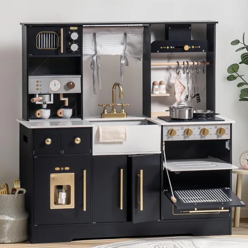 Miniatura 10 de ROBOTIME Cocina de juego de simulación para niños, cocina de juguete de madera con máquina de hielo, máquina de café, horno y accesorios - Divertido