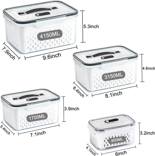 Miniatura 5 de Paquete de 4 recipientes grandes de almacenamiento de frutas para refrigerador con orificios de ventilación y asa, recipientes herméticos