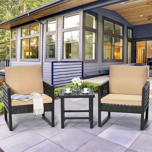 Miniatura 4 de Tangkula Juego de 3 piezas de mimbre para patio, sofá de ratán al aire libre, muebles de conversación con mesa de café, cojines de asiento y Mesa