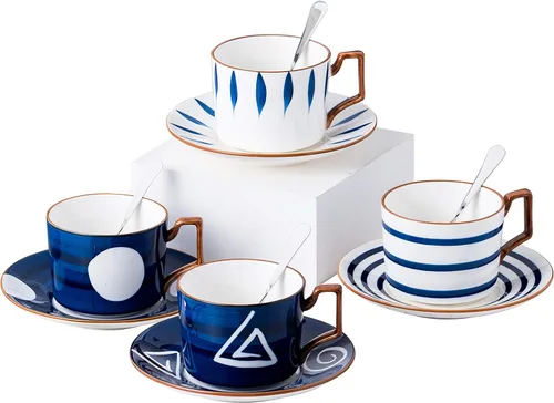 Jusalpha Estilo japonés impreso a mano - Taza de té de porcelana fina de 7 onzas/taza de café con cuchara y bandeja/platillo, vajilla, porción de 4,