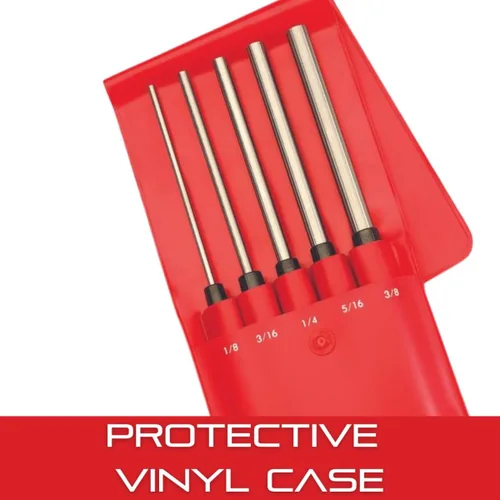 Miniatura 5 de Starrett Juego de punzones de clavo extra largo con empuñadura estriada y estuche protector de vinilo - 8" de longitud, 1/8", 3/16", 1/4", 5/16