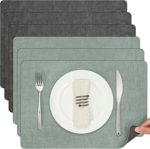 Miniatura 22 de Myir JUN Juego de 6 manteles individuales de doble cara, de piel sintética, para interiores, para mesa de comedor, exteriores, cuadrados, Negro