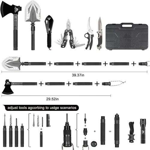 Miniatura 6 de Pala de supervivencia de acero de alto carbono, pala táctica plegable con hacha, herramienta de excavación para camping y senderismo, bolsa de Negro