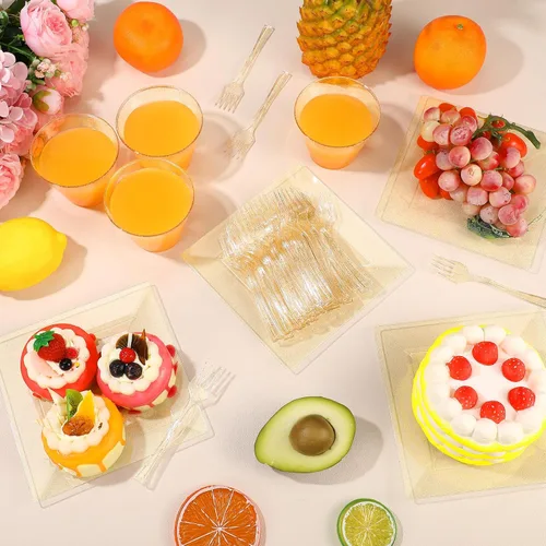 Miniatura 6 de Mifoci Juego de 300 platos de plástico con purpurina dorada para bodas, fiestas, 100 platos de postre de 6.5 pulgadas con 100 tenedores y 100 tazas