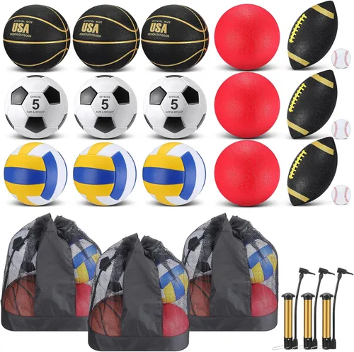 Leyndo Juego de 18 Pelotas Deportivas a Granel Baloncesto Fútbol Americano Voleibol Fútbol Soccer Parque Infantil Béisbol con Bolsa de Equipo Negro