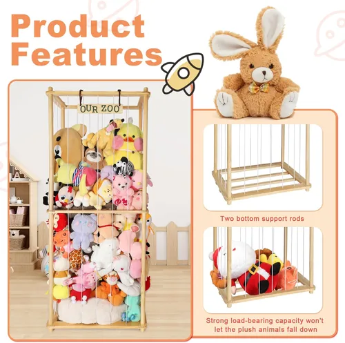 Miniatura 4 de Estante organizador grande de peluche de 63 pulgadas para niños, estante organizador de almacenamiento de felpa de madera con cordón elástico