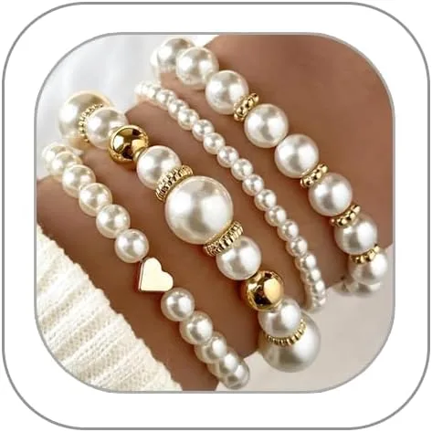 Pulseras de perlas para mujer, pulsera de perlas de imitación con cuentas de perlas blancas, juego de pulseras elásticas apilables, pulseras de