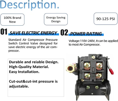 Miniatura 3 de Interruptor de presión de compresor de aire de alta resistencia, control de 90-125 psi, puerto único, 26A, reemplaza
