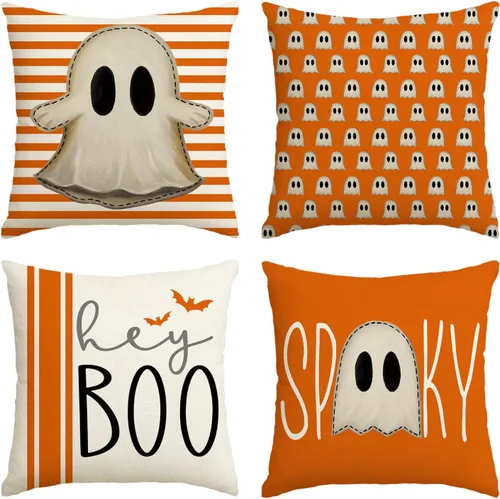 Miniatura 9 de AVOIN colorlife Juego de 4 fundas de almohada de Halloween Hey Boo con diseño de fantasma, 16 x 16 pulgadas, para sofá