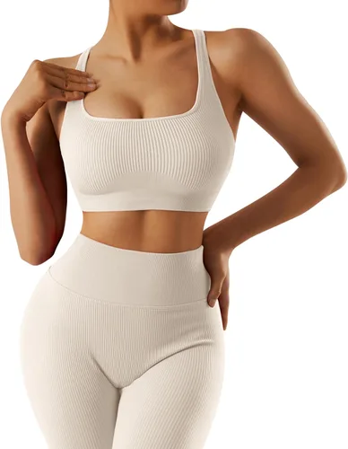 Miniatura 2 de OMKAGI Conjunto de entrenamiento acanalado para mujer, sin costuras, brasier deportivo con tiras y levantamiento de glúteos