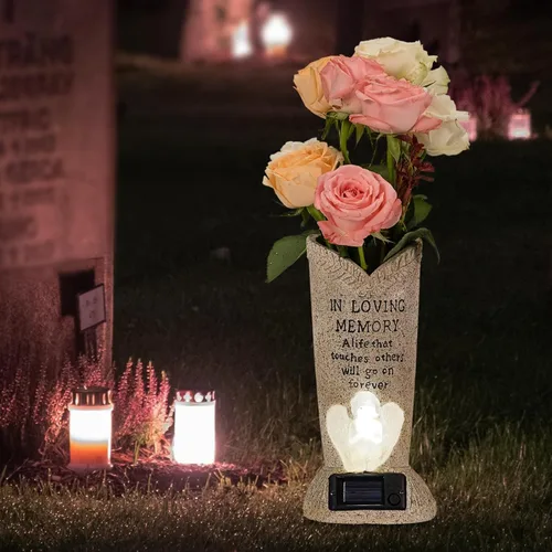 Miniatura 8 de HUYIENO Jarrón solar de cementerio con LED para flores frescas/artificiales, florero de cruz de flores de tumba, jarrones con pinchos, decoración