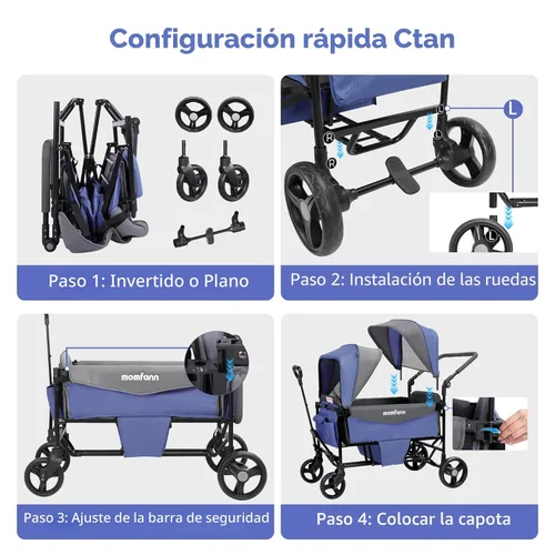 Miniatura 9 de MOMFANN Vagón Cochecito para 2 Niños, Vagón Cochecito Plegable con Toldo, Organizador para Padres de Todo Terreno, Asa Ajustable y Barra de Tracción