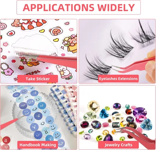 Miniatura 6 de FEITA Juego de pinzas rosadas de precisión para manualidades, puntas de acero inoxidable mejoradas, curvas, falt Twizers para manualidades, cuentas