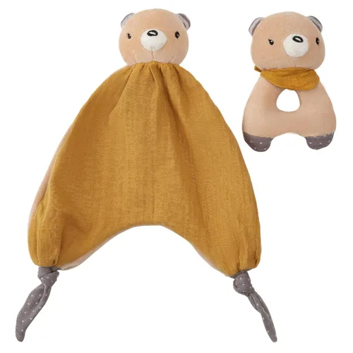 Juguetes de peluche de algodón orgánico para bebé, juguete de peluche de oso de peluche y anillo de agarre de mano, sonajeros, juego de juguetes de