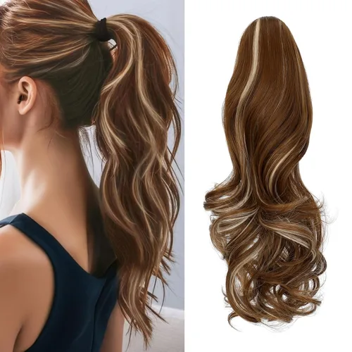Miniatura 35 de Felendy Extensión de cola de caballo de 18 pulgadas, mezcla de rubio ceniza, marrón oscuro, rizado, ondulado, con clip, extensiones de cabello largo