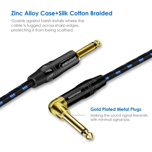 Miniatura 3 de Cable de 1/4 pulgadas (0.248 in) recto a ángulo recto, cable de conexión trenzado negro/azul de tweed de 1/4 de pulgada a 1/4 de pulgada, cable