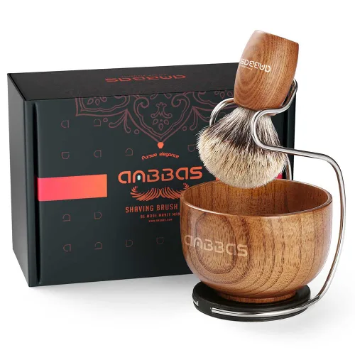 Anbbas Cepillo de afeitar de pelo de tejón puro, mango de madera y jabonera grande con soporte de afeitado de acero inoxidable, kit 3 en 1 para