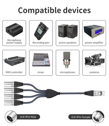 Miniatura 4 de Cable de audio divisor en Y de 3 pines, 3 pines, 1 hembra a 4 machos, cable de conexión paralela XLR de 4 vías, entrada única a cuatro salidas