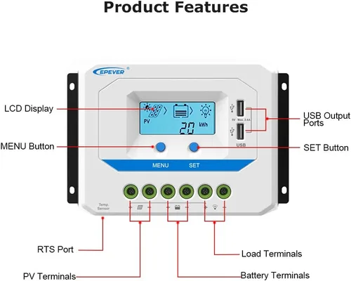 Miniatura 2 de EPEVER Controlador de carga solar de 10 A, regulador de carga de panel solar PWM de trabajo automático de 12 V/24 V, con pantalla LCD y potente