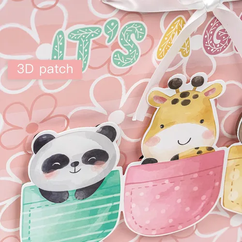 Miniatura 5 de Loveinside Bolsa de regalo para niña con diseño de animales rosados con papel de seda y tarjeta de felicitación para baby shower, nuevos padres