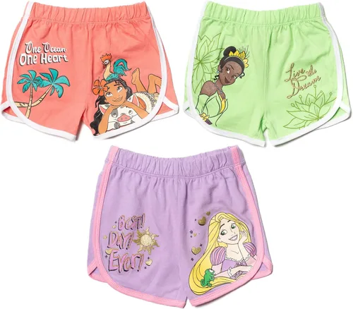 Disney Moana Rapunzel Tiana French Terry - Paquete de 3 pantalones cortos para niñas pequeñas a grandes