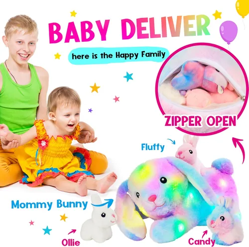 Miniatura 3 de Hopearl Conejo de peluche LED con luces, juguete de peluche con mamá y 3 bebés en su barriga, nana animada, calmante para mamá, niños pequeños