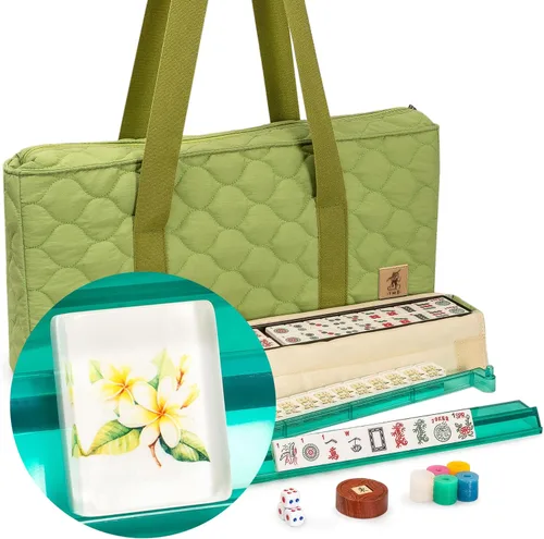 Yellow Mountain Imports American Mahjong Set "Aloha" - 166 azulejos con motivo de plumeria, estantes acrílicos con empujadores, funda acolchada Verde