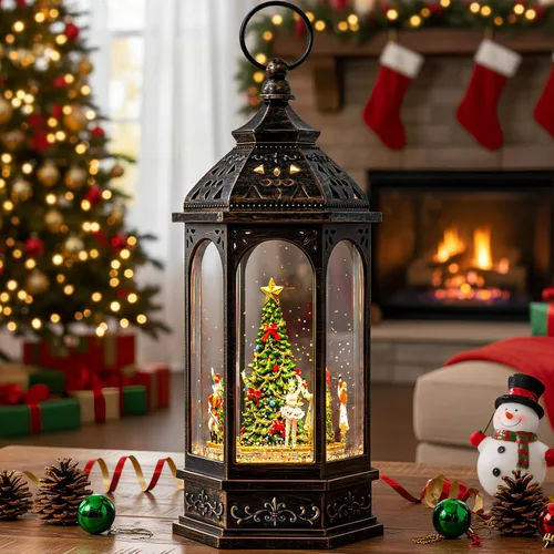 Miniatura 12 de Gnomos de Navidad de 10 pulgadas, linterna de globo de nieve iluminada, caprichoso árbol de Navidad y elfo escandinavo, linterna de agua musical