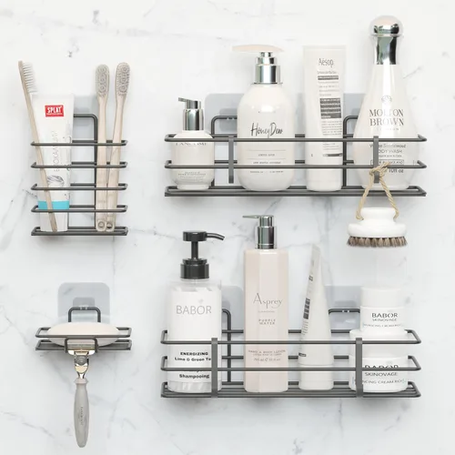 Dekula Organizador adhesivo para ducha, paquete de 4, estantes de ducha para almacenamiento de baño, organizadores de baño de acero inoxidable a