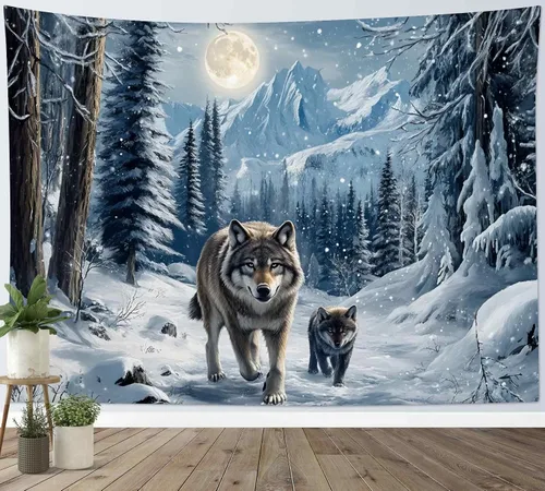 Miniatura 18 de LB Tapiz de Bosque de Nieve de Invierno, Pino Negro y Verde con Copo de Nieve Blanco Tapiz de Pared para Dormitorio, Arte de Pared de Paisaje
