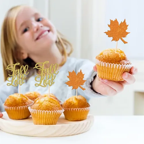 Miniatura 4 de Rsstarxi Paquete de 24 adornos para cupcakes con purpurina de otoño de hojas de arce de otoño, palillos para cupcakes, decoración de pasteles