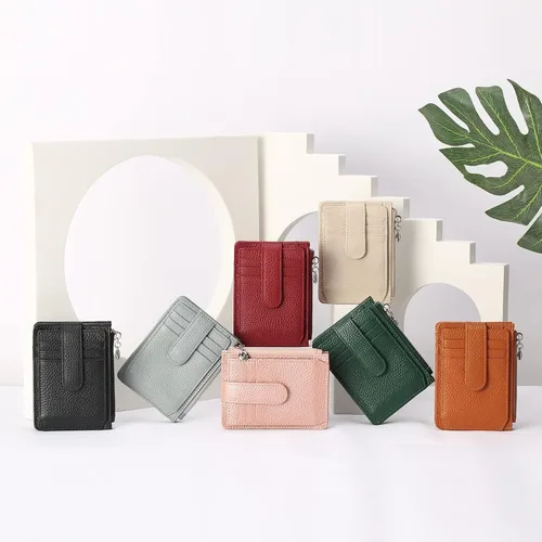 Miniatura 6 de Cartera delgada para mujer, de piel auténtica, tarjetero delgado con bloqueo RFID, carteras pequeñas