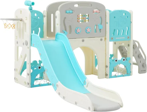 Miniatura 7 de Tobogán infantil 11 en 1, tobogán para niños pequeños de 1 a 3 años con telescopio, aro de baloncesto y telescopio, juego para interiores y Azul