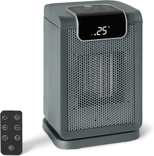 Amazon Basics Calentador de espacio para uso en interiores con tecnología cerámica PTC, 1500 W, control remoto, oscilación de 70°, pantalla digital,