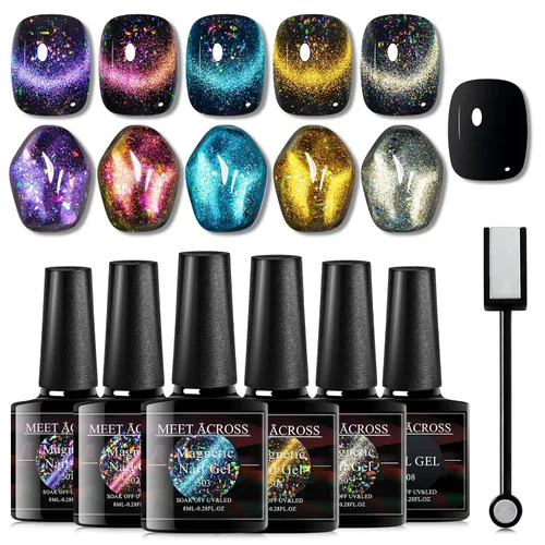 MEET ACROSS Colorful Clouds - Juego de esmaltes de uñas de gel de ojo de gato, kit de manicura con luz LED UV, 6 colores con barra magnética (nubes