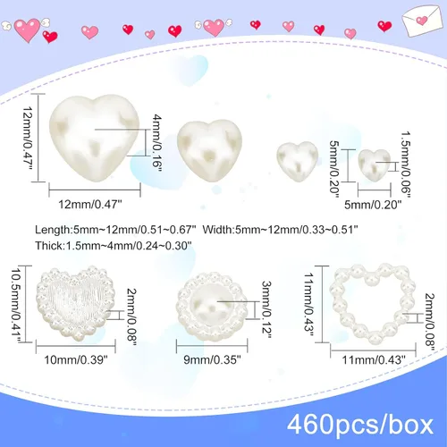 Miniatura 6 de PH PandaHall Perlas semicirculares, 460 unidades, 7 estilos en forma de corazón, cuentas planas de plástico ABS, diamantes de imitación, cuentas