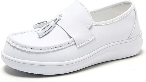Zapatos de enfermería, zapatos antideslizantes para mujer, para restaurante, cómodos zapatos planos, mocasines y sin cordones, Blanco