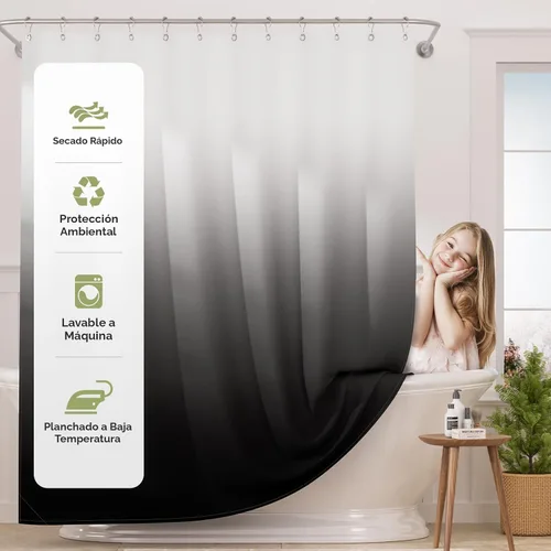 Miniatura 3 de AmazerBath Cortina de ducha, juego de cortina de tela ombre negra con 12 ganchos, cortina de ducha lavable de tela en negro y blanco, cortina