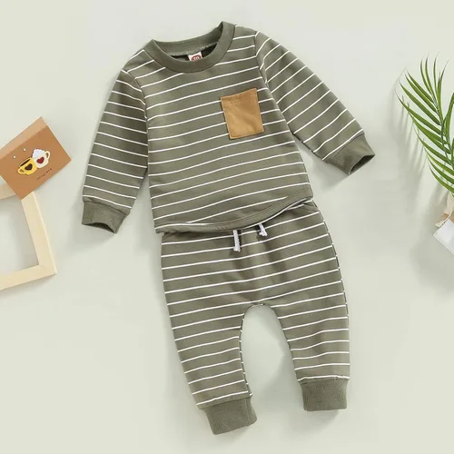Miniatura 128 de Ropa de bebé niño 3 6 9 12 18 24M 3T Conjunto de pantalones con capucha patchwork sudadera con capucha pantalones de rayas traje de otoño invierno