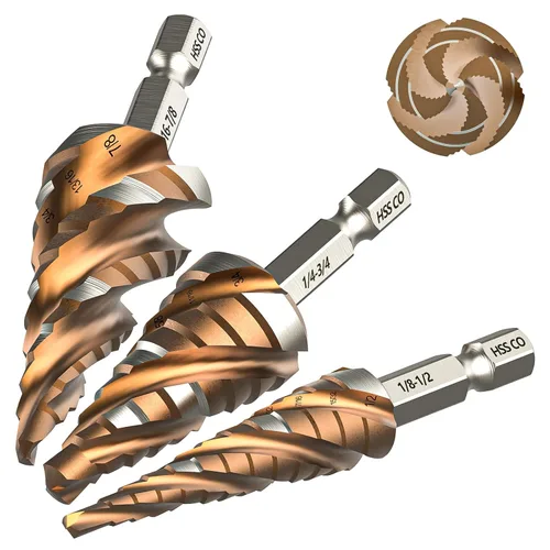 M35 Cobalt HSS - Juego de brocas escalonadas, cuatro puntas de flauta en espiral de 1/8 a 7/8 pulgadas con revestimiento TiAlN resistente al
