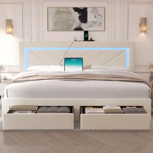 Miniatura 13 de Base de cama tamaño Queen con cabecera ajustable y cajón de almacenamiento, marco de cama tapizado Queen con luces LED RGB y estación de carga