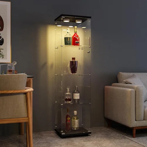 FANYUSHOW Vitrina con puerta de vidrio y luz LED, estante de exhibición de vidrio templado de 4 niveles, vitrina de la colección de gabinete Curio