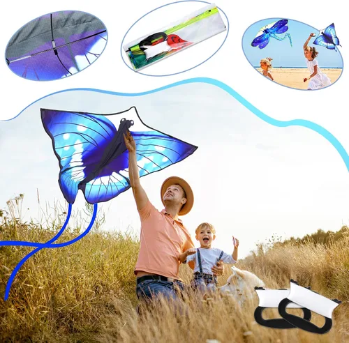 Miniatura 4 de Leitee Paquete de 6 cometas grandes para niños y adultos, cometa de mariposa para niños de 4 a 8 a 12 años, libélula, búho, loro, águila, pez