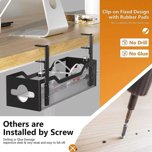 Miniatura 3 de Paquete de 2 bandejas para organizar cables debajo del escritorio, organizador de cables de 13.38 pulgadas sin taladros, organizador de cables